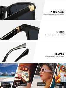 Detail of square sunglasses showing reinforced metal hinges and nose pads for comfort