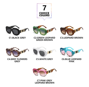 Collage of oversized irregular sunglasses in seven vibrant colors with gold link details