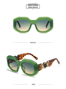 Detail view of green translucent resin frames with tortoiseshell temples and gold metal accents