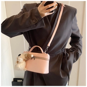 Borsa a scatola rosa con trama litchi e ciondolo a cane carino su tracolla sottile
