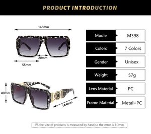 Detailed size specifications for square oversized sunglasses with tortoiseshell frames