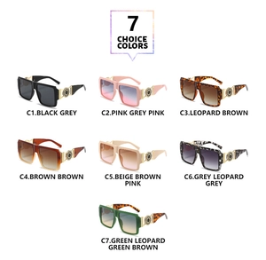 Seven colors of oversized square sunglasses featuring elegant gold circular temple details