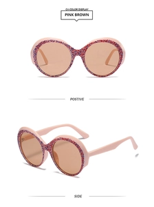 Lunettes de soleil rondes rose brun avec monture pailletée et verres bruns