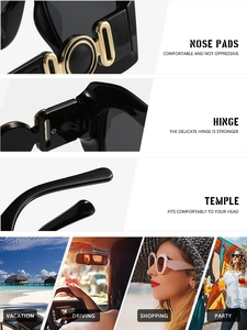 Detail view of square black sunglasses with gold hardware, nose pads, and hinges