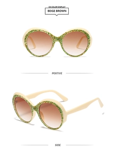 Détails de lunettes de soleil rondes fleuries avec monture beige et paillettes vertes