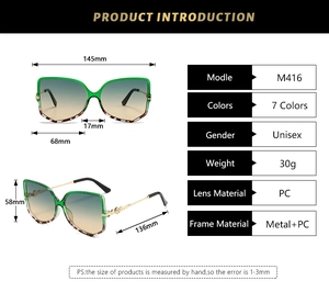 Detailed size chart for oversized square butterfly sunglasses with M416 model dimensions