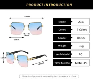 Detailed size chart for square metal half-frame sunglasses with specific dimensions