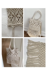 Close-up of bohemian hand-woven tote bag with hollow patterns and long tassels decoration