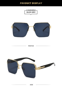 Detailed front and side views of square half-frame metal sunglasses with black grey lenses