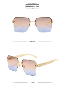 Close-up of geometric square semi-rimless sunglasses with beige brown blue gradient lenses