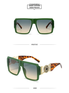 Macro detail of square green sunglasses with leopard arms and gold metal hinge