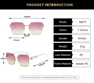 Detailed size chart and specifications for rimless square sunglasses with dimensions