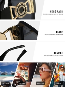Detail of comfy nose pads, reinforced metal hinges and ergonomic temples of square sunglasses