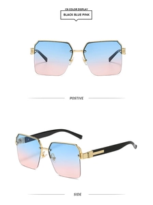 Front and side view of square semi-rimless sunglasses with blue-pink gradient lenses
