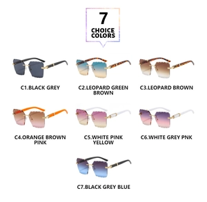 Matrix display of rimless sunglasses with cut-edge lenses in seven diverse color variations