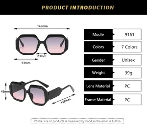 Detailed size chart of polygonal square frame sunglasses with PC lens measurements