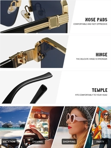 Detail shots of gold hinges and nose pads on square metal sunglasses for daily activities