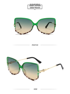 Detail view of square butterfly sunglasses with green frame, leopard print and gold temples