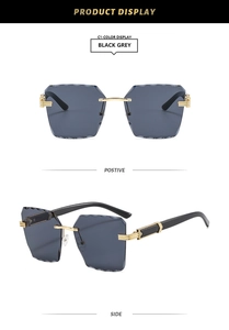 Detail view of rimless square sunglasses with wave-edge lenses and golden metal frames
