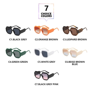 Detailed grid of seven retro hexagonal sunglasses in assorted stylish colors on white background