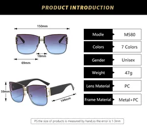 Detailed size chart for square frame oversized sunglasses showing dimensions and specs