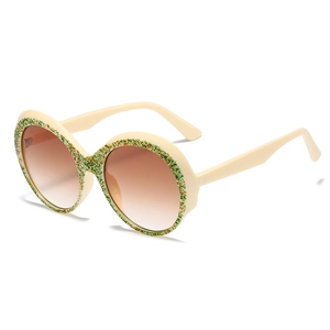 Lunettes de soleil rondes à fleurs avec monture blanc crème et verres dégradés marron