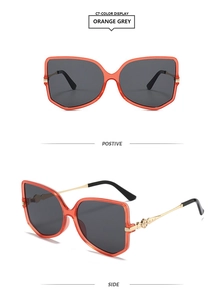 Detailed front and side views of orange geometric cat-eye sunglasses with gold metal temples