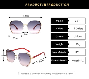 Detailed size chart for square semi-rimless sunglasses showing frame dimensions and weights