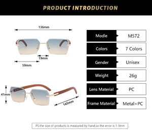 Detailed size specifications of rimless square sunglasses with blue-yellow gradient lenses