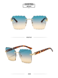 Detail of rimless sunglasses with scallop cut gradient lenses and leopard print temples