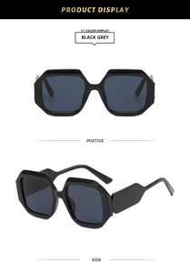 Detail view showing front and side profile of black octagonal geometric sunglasses