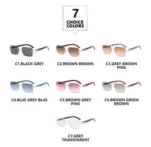 Grid view of seven rimless hexagonal sunglasses with stylish gradient lenses and textured temples