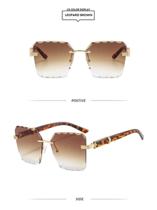 Detail of rimless square sunglasses with scalloped gradient lenses and leopard arms