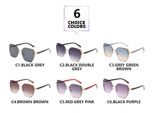 Detail view of square rimless sunglasses with rhinestone-embellished cut lenses in six colors