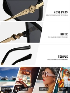 Detail of golden floral nose pads, reinforced hinges and lifestyle scenes for sunglasses