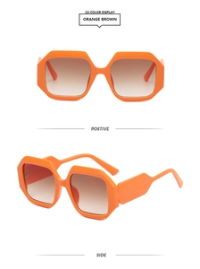 Detailed views of orange brown geometric polygon sunglasses with gradient brown lenses