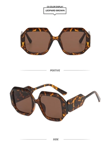 Detailed views of leopard brown polygonal sunglasses showing thick frame and side profile