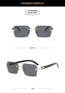 Detailed front and side view of rimless square sunglasses with gold metal tree texture temples