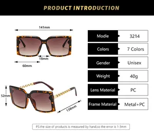 Detailed size chart of square frame sunglasses with metal chain temples and dimensions