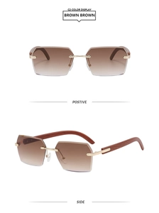 Detail of rimless sunglasses with brown gradient lenses and faux wood temples