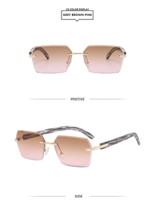 Detail of rimless square sunglasses with gradient lenses and marble pattern temples