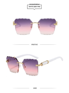 Detailed front and side views of rimless sunglasses with purple gradient lenses and white temples
