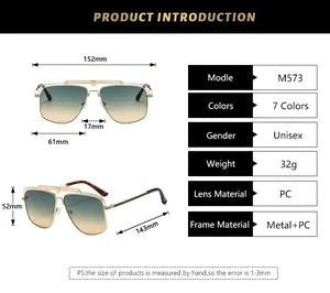 Detailed size chart for M573 aviator sunglasses with frame dimensions and specifications