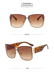 Detail view of leopard brown square sunglasses with H-shaped gold metal accents