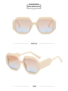Detail view of beige hexagonal sunglasses with gradient brown to blue lenses shown from two angles