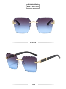 Detail of rimless square sunglasses with gradient blue-purple lenses and gold metal hinges