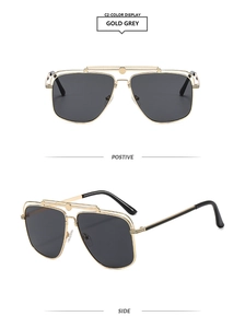 Front and side views of gold aviator sunglasses with double bridge metal frame and grey lenses