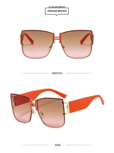 Macro detail of luxury square sunglasses with golden H-shaped metal bridge and orange lenses