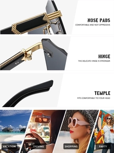 Detail of gold metal nose pads, hinges, and temples with fashion lifestyle scenes
