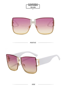Front and side views of white square sunglasses with purple-yellow gradient lenses and H-logo